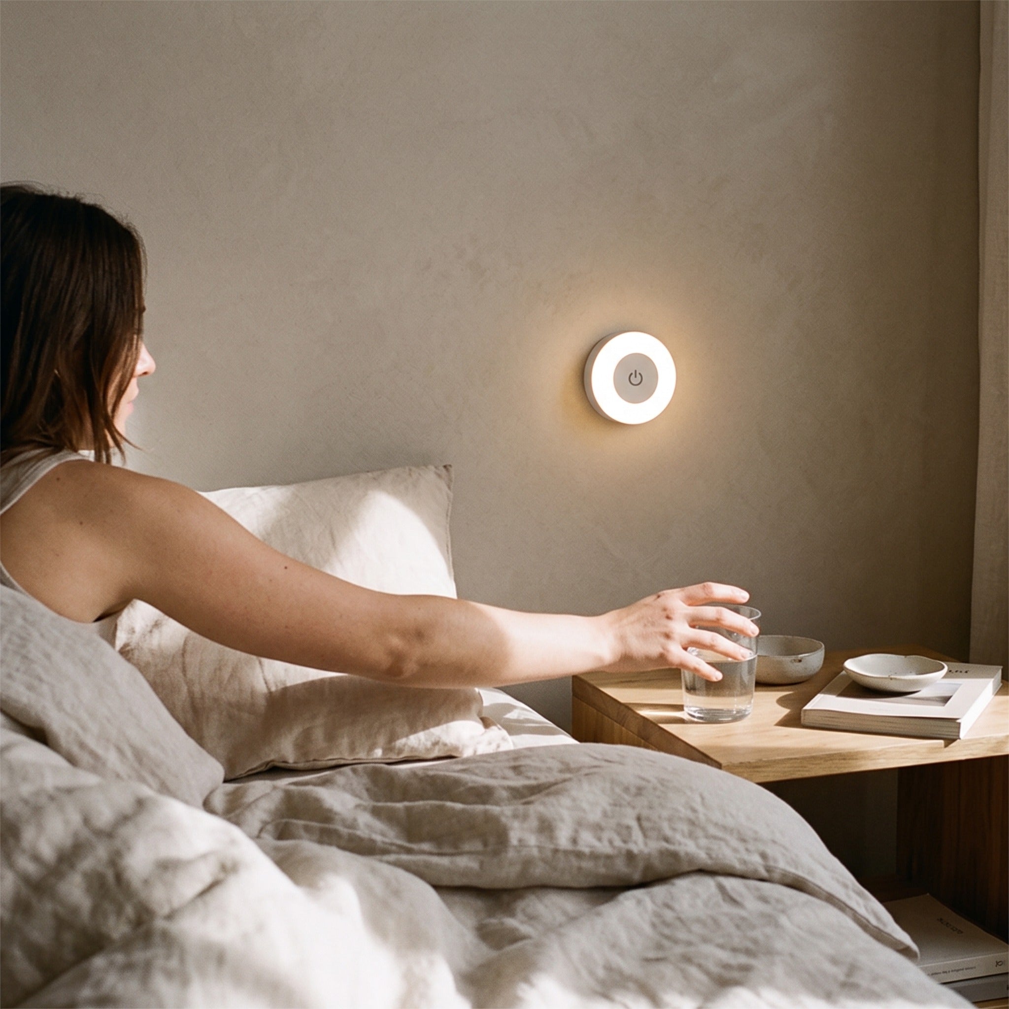 Little Glow beside a bed in soft morning light