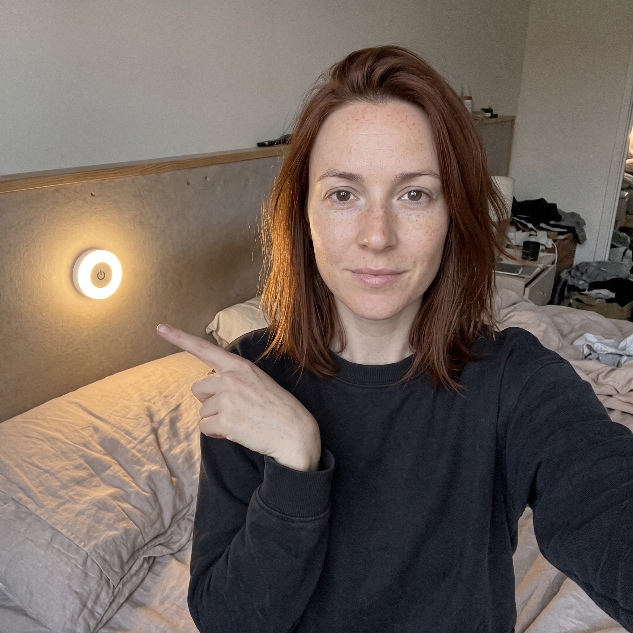 Emma R. beside Little Glow in her bedroom
